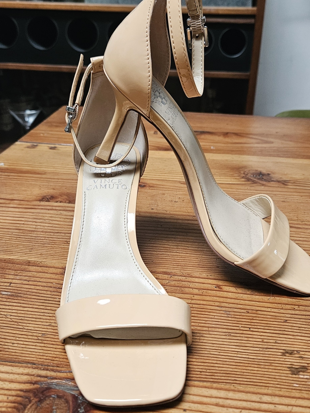 Vince Camuto Nude Patent Ankle-Strap Heels